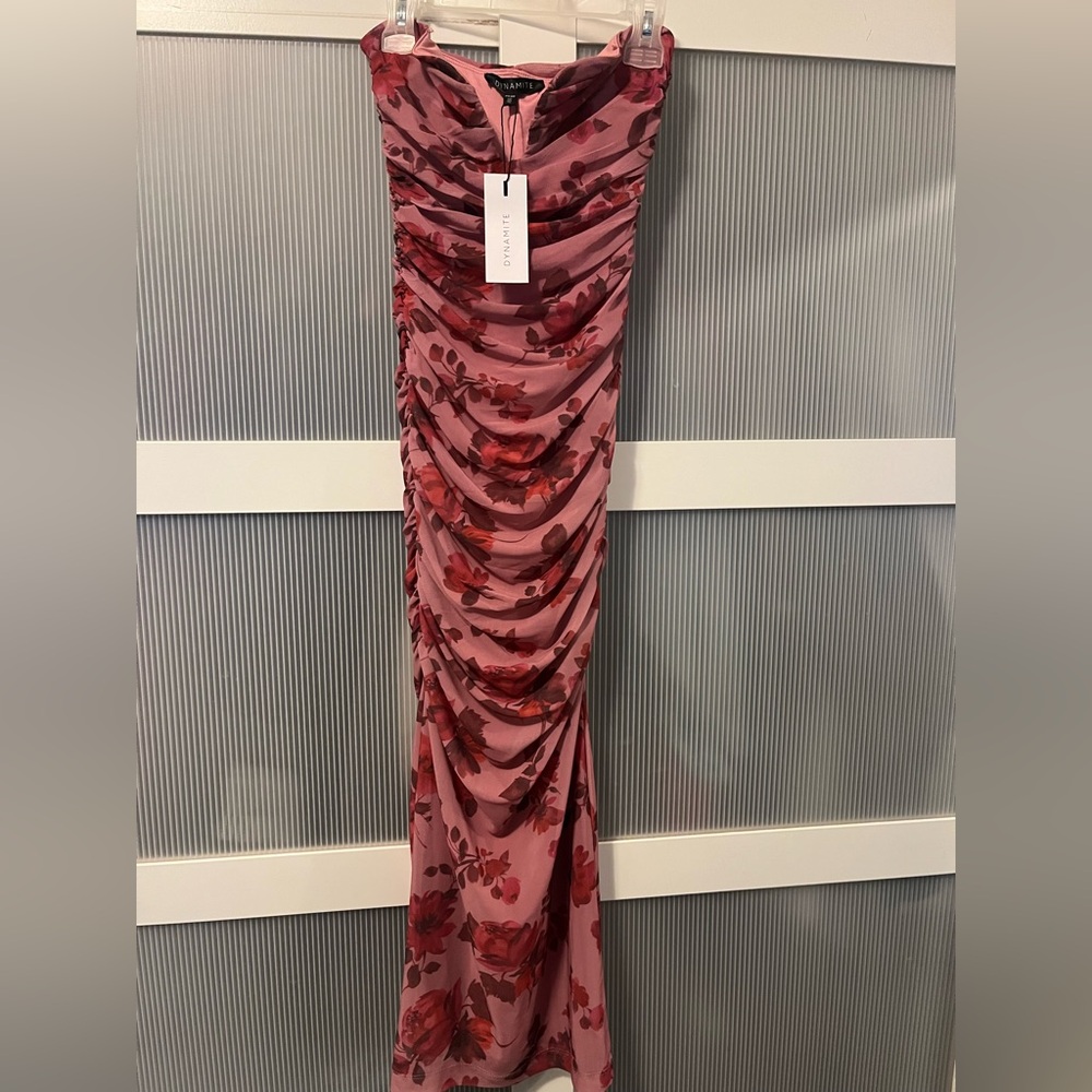 Dynamite Pink Floral Ankle-Length Ruched Dress